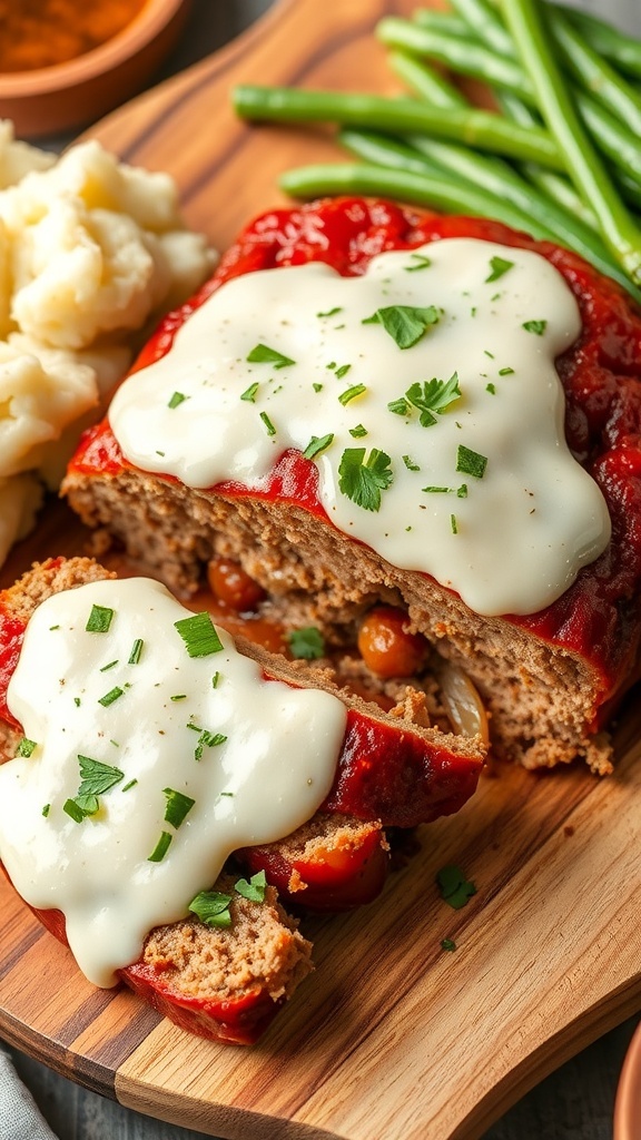 Sliced air fryer meatloaf topped with melted cheese and garnished with parsley, served with mashed potatoes and green beans.